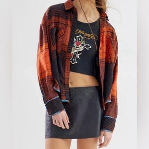 BDG Urban Outfitters Cropped Plaid Flannel Shirt Orange Black Raw Hem Small